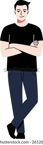 A young man stands confidently with his arms crossed, dressed in a black shirt and blue jeans, exuding a relaxed yet assured demeanor.