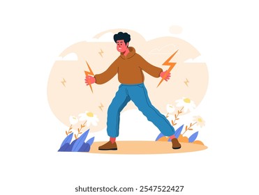 A young man stands confidently with lightning bolts in his hands amidst flowers and a colorful backdrop. Vector illustration