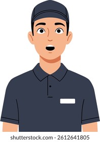 A young man stands in a dark uniform and cap, displaying a surprised expression, conveying curiosity and engagement in a minimal vector illustration.