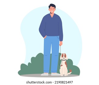 Young man stands with a dog. Man walks with his pet. Vector illustration