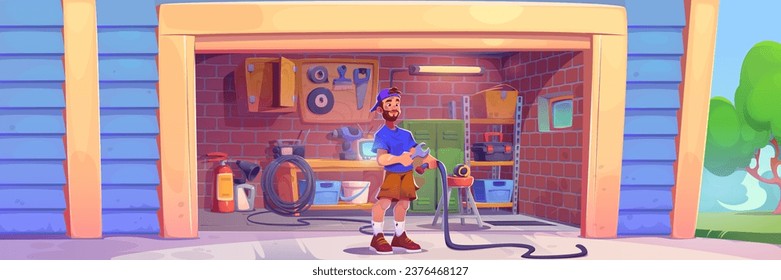 Young man stands at entrance to garage with brick walls, cabinets and shelves for storage, working tools, and fire extinguisher. Cartoon vector illustration of carport interior with instruments.