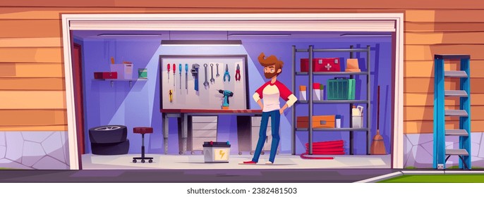 Joven a la entrada del garaje con cremallera y tablero de pared para almacenamiento, herramientas de trabajo y elementos de reparación de autos. Ilustración vectorial de dibujos animados de interiores de carport y storeroom con instrumentos.