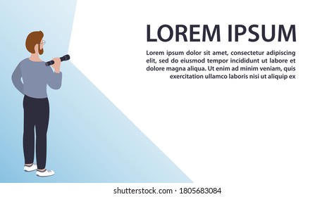 A young man stands with a flashlight on. Shines on the text. Banner with free space. Vector template illustration.