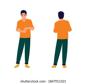 Young man stands, front and back view, isolated figure on white background. Flat design illustration of a guy.