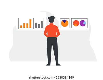 Un joven se para frente a los diagramas. Vector gráfico