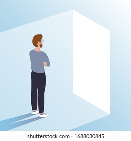 A young man stands in front of an open door. Makes a choice and makes a decision. Ahead of new opportunities and work. Vector illustration.