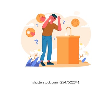 A young man stands in front of a sink looking perplexed, surrounded by thought bubbles indicating his confusion. Vector illustration