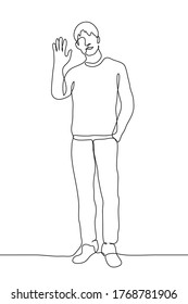 young man stands at full height and waves his hand to the audience. Vector illustration of a greeting / goodbye one continuous line black outline drawing on a white background