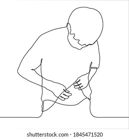 young man stands groping his belly. one line drawing of a man lifted a t-shirt checking belly fat