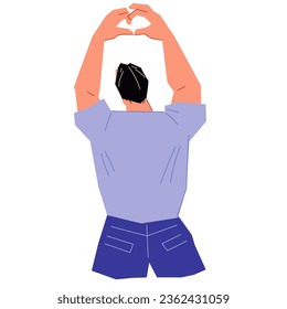 Young man stands with his back and makes a heart gesture with his fingers, flat vector illustration isolated on a white background. View from the back of a man expressing his approval.