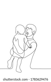 young man stands holding and hugging the baby to him. Vector illustration in the style of one continuous inya drawing. Can be used for animation