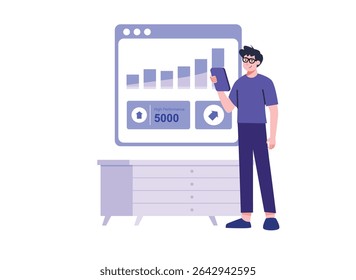 Young man stands, holding tablet, studying blue bar chart interface, with minimalist design and upward arrows, on white background, ideal for data analysis or business growth concepts.