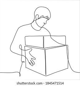 young man stands and holds large boxes stacked on top of each other. one line drawing concept of moving, online shopping delivery, cleaning