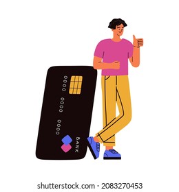 Young man stands near a big black credit bank card. Cashless payment, transfer money, financial freedom. Hand drawn vector illustration isolated on white background with geometric shapes. Flat style