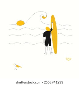 A young man stands on the beach with his surfboard, watching a big wave as the sun sets. Summer beach outdoor sport. Doodle style. Vector illustration.