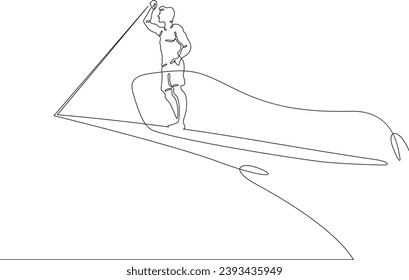 A young man stands on the bow of the ship. Man on the deck of a yacht. Sailor on a boat at sea.One continuous line drawing. Linear. Hand drawn, white background. One line.