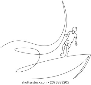 A young man stands on the bow of the ship. Man on the deck of a yacht. Sailor on a boat at sea.One continuous line drawing. Linear. Hand drawn, white background. One line.