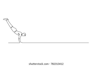 A young man stands on his hands.Continuous line drawing. Sport. Vector illustration.