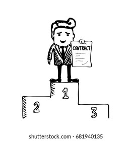 A young man stands on the podium with a contract in his hand. Vector illustration