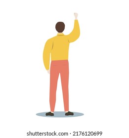 A young man stands with a raised hand clenched into a fist. View from the back. Flat design colorful illustration isolated on white background.