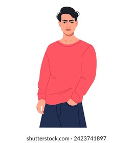 The young man stands in a relaxed position with his hands in his pockets. A dark-haired man in casual clothes. Portrait of a male character. Vector Flat illustration isolated on a white background