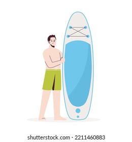 Young man stands in swimsuit next to sup. Stand up paddle. Modern flat style illustration isolated on white background.