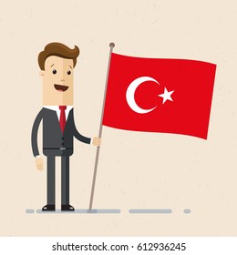 A young man stands with Turkey flag in his hand. Businessman in suit with a national flag in his hand. Vector, illustration, flat