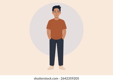 A young man stands upright, confidence, young man, full body, gentleman, customizable stroke, vector, illustration