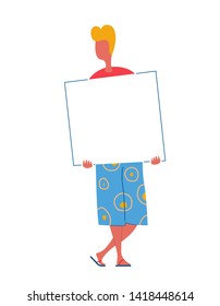 A young man stands with a white blank banner in his hands. Vector illustration of a guy in trendy blue shorts.