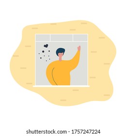 Young man stands at the window and waves a greeting with love. Flat vector illustration.