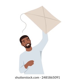 Un joven empieza a volar una cometa. Ilustración vectorial plana aislada sobre fondo blanco