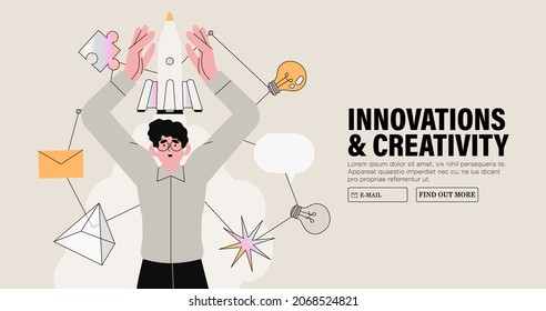 Young Man Starting New Business Or Launching Educational Project. Small Business Or Company Foundation. Character Hold Spaceship Connected To Different Abstract Shapes And Elements. Creative Banner.