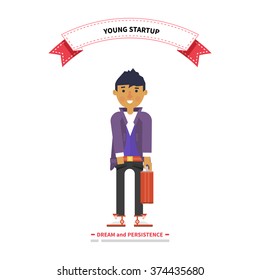 Young man startup dream and persistence. Startup young, dream persistence, startup business, entrepreneur and start, business, entrepreneurship and small business,  young professional illustration