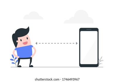 Young man stay away from phone. Digital detox concept illustration.