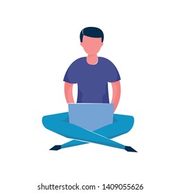 Young man stay with crossed legs and works at his laptop