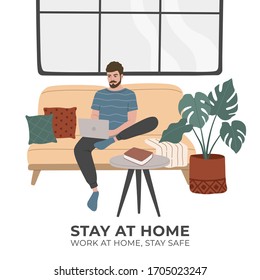 Young man stay home, work on laptop, sitting on a comfortable sofa, everyday routine, cozy Scandinavian interior. Flat cartoon style illustration, isolated on white background. 