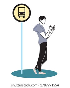 Young man staying at the bus stop with the cell phone vector illustration design
