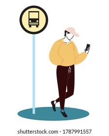 Hombre joven que se queda en la parada de autobús con el diseño de ilustración del vector del teléfono celular