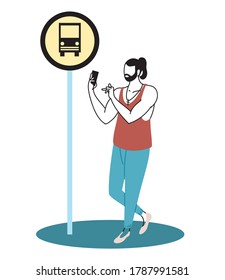 Young man staying at the bus stop with the cell phone vector illustration design
