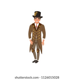 Young man in steampunk suit. Cheerful guy in vintage long jacket, shirt, tie, vest, pants and hop hat with gears. Flat vector design