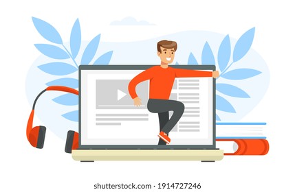Joven saliendo de la pantalla de la computadora, ilustración de vectores de dibujos de interceptación digital