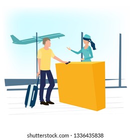 Young man and stewardess at the airport. Airline agent checking ticket documents at gate. Tourist with suitcase . Business travel concept. Vector illustration in a flat cartoon style.