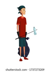 Young man with stick and package. Garbage