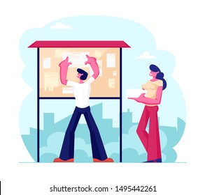 Young Man Sticking Paper Flyer with Announcement or Advertising on Special Bulletin Board. Woman Holding Heap of Posters in Hands on Street with City View Background. Cartoon Flat Vector Illustration
