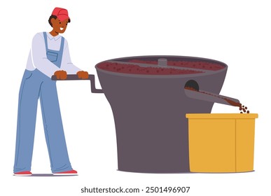 Young Man Stirring A Large Vat Of Freshly Washed Coffee Beans Indicating A Stage In The Wet Processing Of Coffee. Male Worker Character In Blue Overalls and Red Cap. Cartoon People Vector Illustration