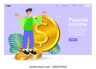 The young man stood happily on the pile of gold coins. Passive income and stock market investing. Financial freedom, easy money and investor concept. Vector illustration.