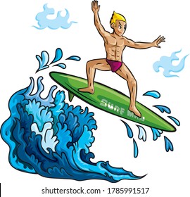 The young man stood on the surfboard and was enjoying surfing the waves in the sea with strong wind colorful