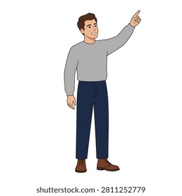 A young man stood and pointed upwards, he was wearing a plain light grey long sleeve shirt, high waist dark blue trousers, and brown leather boots. Flat vector modern illustration.