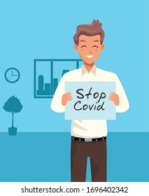 young man with stop covid19 banner character vector illustration design