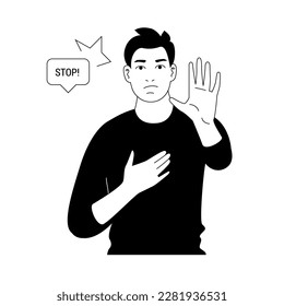 Young man with stop gesture. Vector cartoon illustration of human reaction isolated on white background. Serious male character.